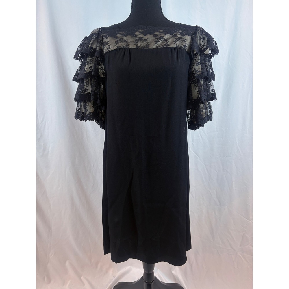 Vintage Black Shift Dress Sheer Lace‎ Yoke Tiered Ruffle Sleeves Cocktail 7/8